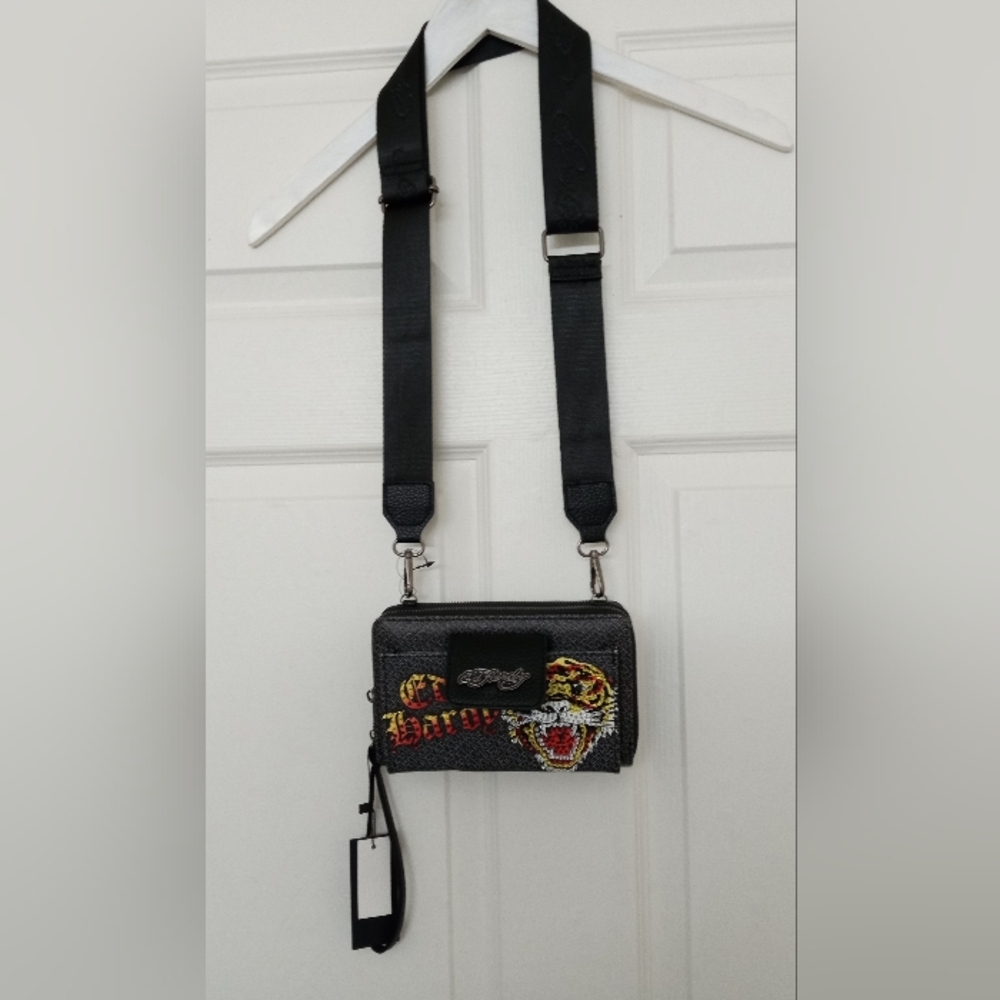Ed Hardy Roaring Tiger Tattoo Siberia Hill Rhinestones Crossbody Wallet Bag